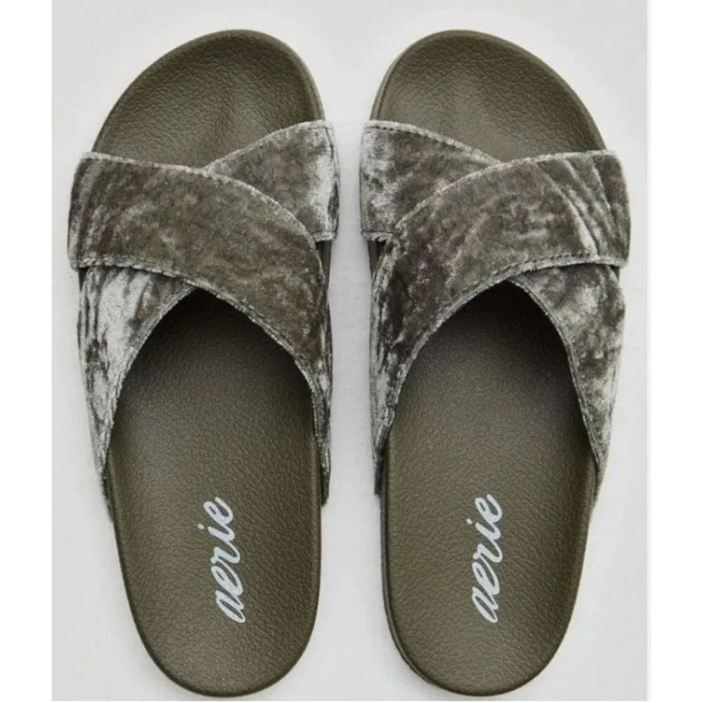 Aerie Women's Velvet Double Criss-Cross Strap Slip-On Sandals Gray Size 7 NWOT - Picture 3 of 10